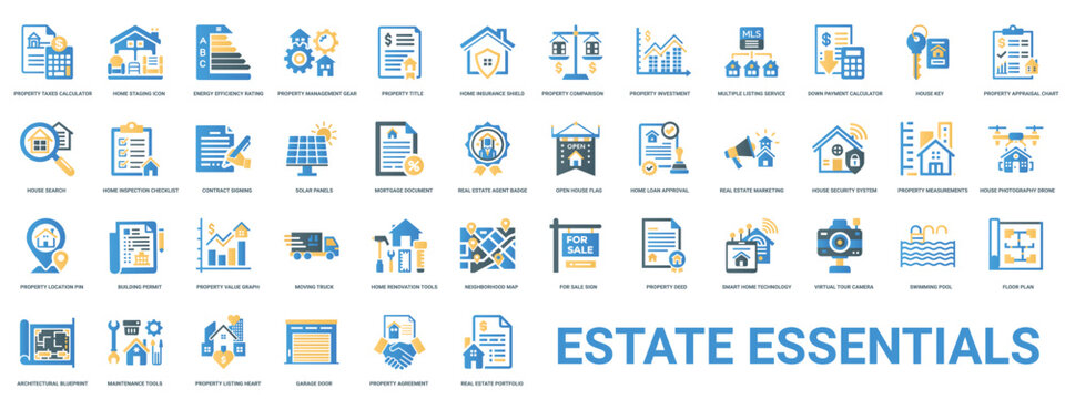 real estate essentials buying selling renting house property flat icon set, rent realtor lease agent