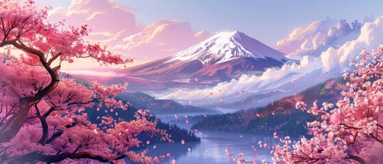 A beautiful mural wallpaper showcasing a picturesque sakura tree and a mountain rendered in 3D