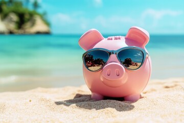 A concept for sunny beach holiday savings with a piggy bank at a beach.