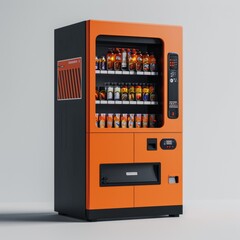 A striking model of a vending machine featuring an orange and black color scheme, set against