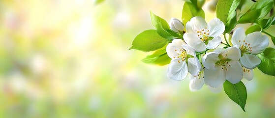 Obraz premium A branch of a tree, tightly framed, bears white flowers against a softly blurred backdrop of green foliage