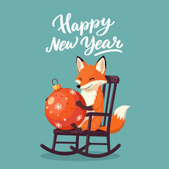 The fox is sitting in a rocking chair and holding a large Christmas tree toy. New Year vector illustration in cartoon style
