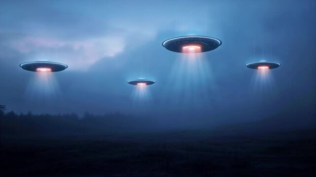 alien invasion with flying saucer spaceships, also known as UFO or UAP, floating through the night sky