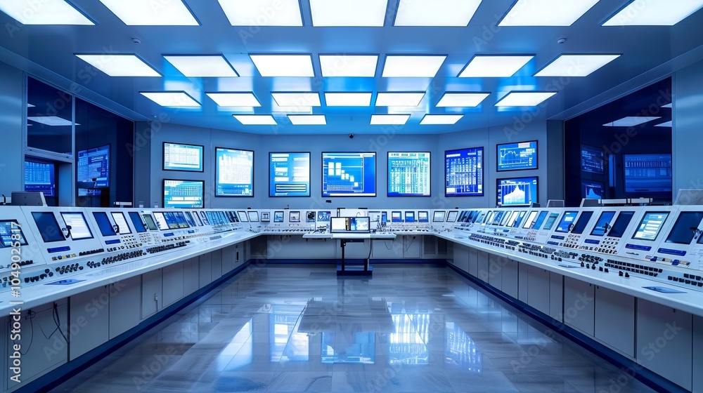 Poster modern control room with multiple screens and interactive displays. concept of technology management
