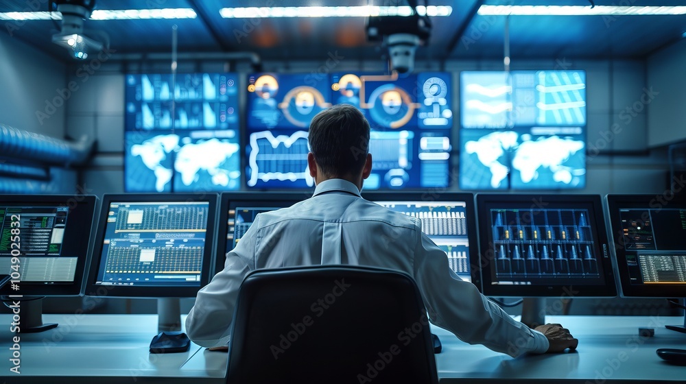 Poster businessman analyzing data in modern control room. concept of technology integration, data analytics