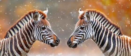  A pair of zebras near each other on a verdant green field, speckled with raindrops, and trees in the backdrop