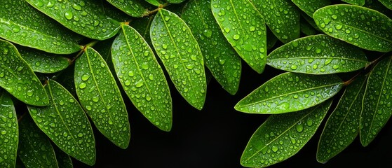 Fototapeta premium A verdant leaf, closely framed, dotted with water droplets Dark backdrop invites text