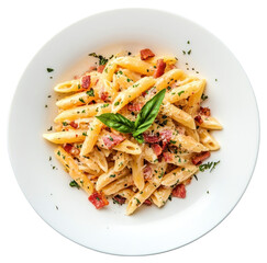 PNG A bacon pasta on a white dish food plate seasoning.