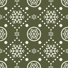 Holiday seamless pattern with cozy Christmas elements, snowflakes, Snowball, Star, festive decorations on a green background. Perfect for greeting cards, wallpapers, and cheerful seasonal decor