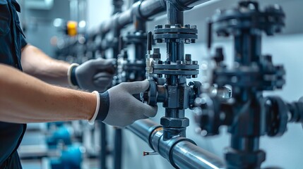 Naklejka premium Engineer Managing Industrial Valves in Factory Setting. Concept of Precision Engineering, Industrial Maintenance, Skilled Workforce, and Technological Efficiency