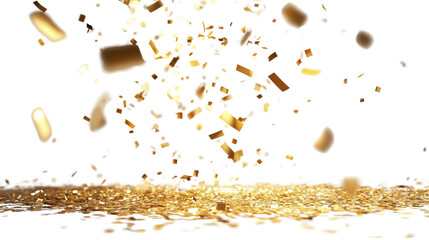 A vibrant display of glittering gold confetti falling gently, creating a festive and celebratory atmosphere. Can be used for celebration, Christmas, New Year, Carnival festivity, Valentine’s Day.
