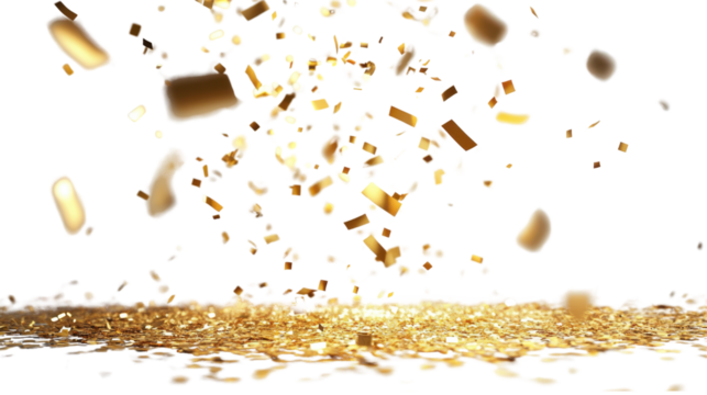 A vibrant display of glittering gold confetti falling gently, creating a festive and celebratory atmosphere. Can be used for celebration, Christmas, New Year, Carnival festivity, Valentine’s Day.
