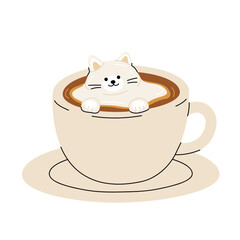 Set of cute Coffee Cups with Latte Art. Collection of coffee drinks with variety latte art heart, leaf, bear, cat, Flower. Cafe Bar or Coffee House Graphics. Vector Illustration, Icons. Isolated