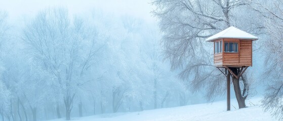 Fototapeta premium A quaint wooden tree house in a snowy field, surrounded by trees with snow-covered grounds