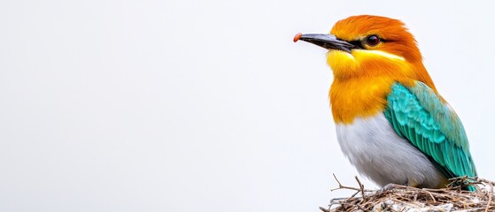 Obraz premium A vibrant bird perches atop a brown grass nest against a backdrop of a pure white sky Behind it, a light blue sky extends