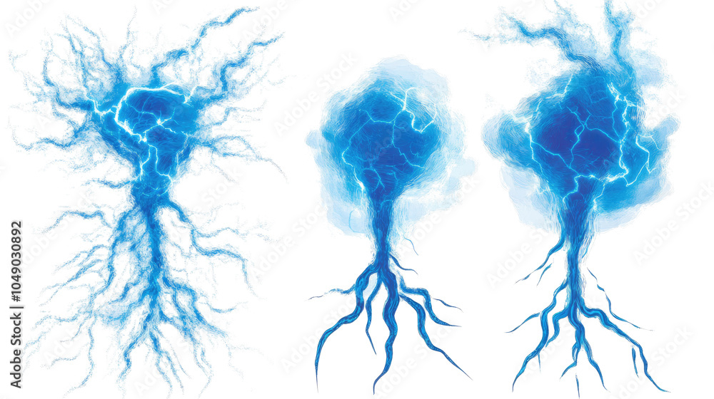 Poster set of blue lightning flashes on a transparent background generative ai