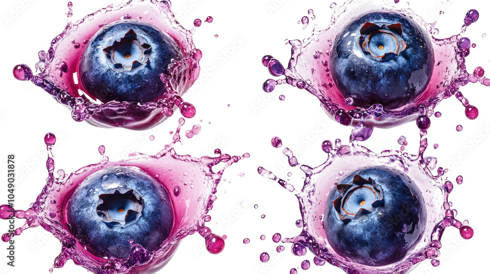 Poster blueberries with vibrant juice splashes on a clear background generative ai