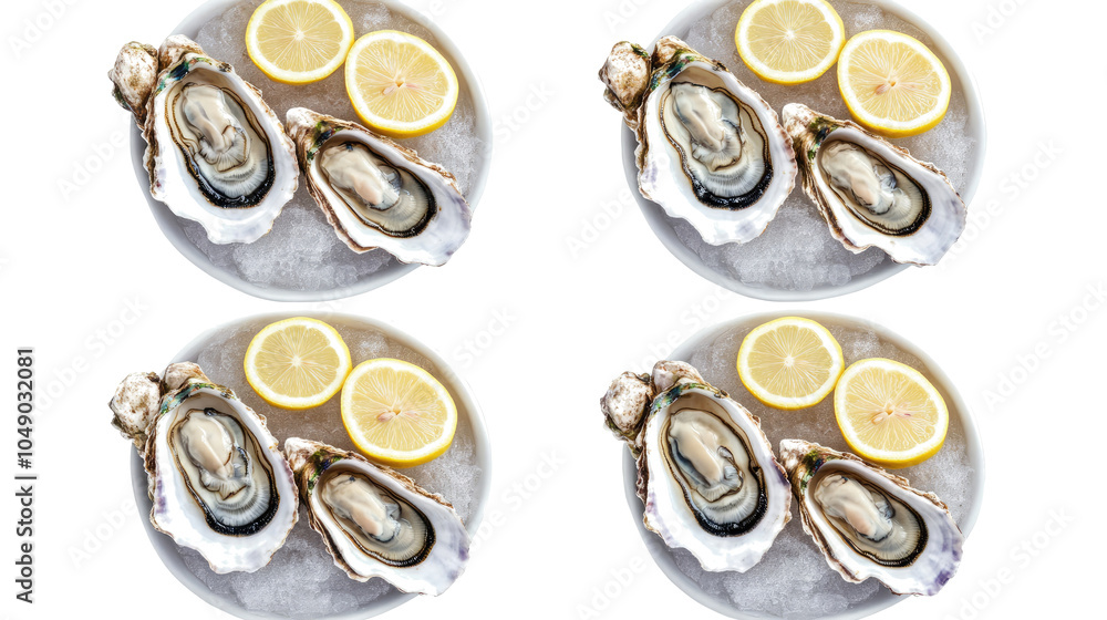Poster oysters on ice with lemon slices on clear background generative ai
