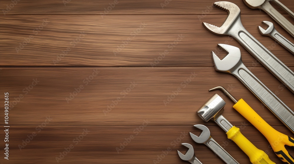 Aufkleber manual tools collection on wooden workbench banner background copy space. spanners and hammer frame 