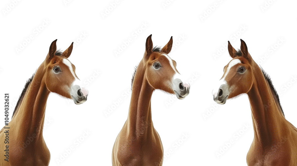 Poster collection of three brown horses on a transparent background generative ai