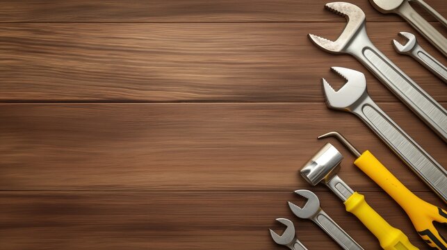 Manual tools collection on wooden workbench banner background copy space. Spanners and hammer frame image backdrop empty. Maintenance service concept composition top view, copyspace