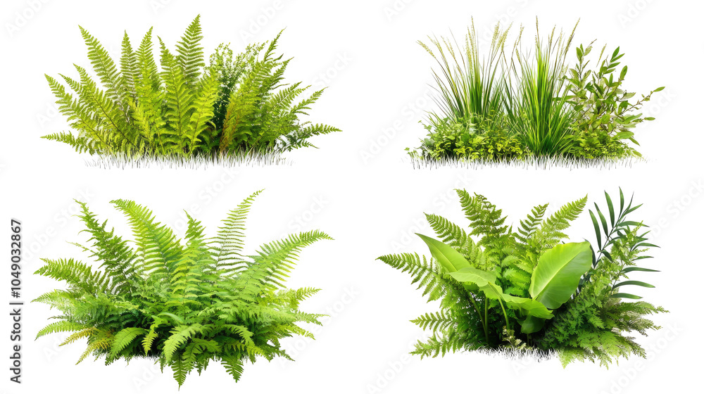 Poster collection of broadleaf ferns and grasses on a transparent background generative ai