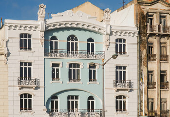 Street perspective view with colorful traditional houses. Lisbon, Portugal. Colorful buildings of Lisbon historic center, Portugal. Street with colorful houses in Lisbon, Portugal.