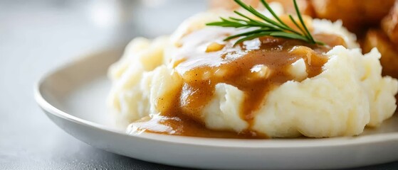  A plate of mashed potatoes generously covered in gravy, adorned with a sprig of rosemary
