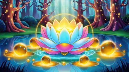 Fototapeta premium Enchanted Lotus Bloom: Mystical glowing lotus flower in an enchanted forest pond, surrounded by golden orbs, creates a magical and serene atmosphere. 