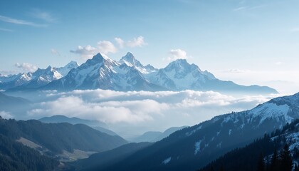 Obraz premium Panorama of the mountains in winter, Snow-capped mountains with low clouds rolling by, High-altitude mountaineering