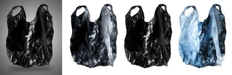 Black plastic carrier shopping bag.Non-reusable plastic bag illustration for plastic pollution graphic art and posters.Transparent background black and white plastic design 4K.