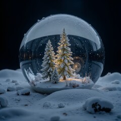 Crystal ball with a tiny snowy forest inside, concept of a fabulous Christmas