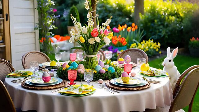 Festive Easter Table Setting with Colorful Eggs and Spring Flowers