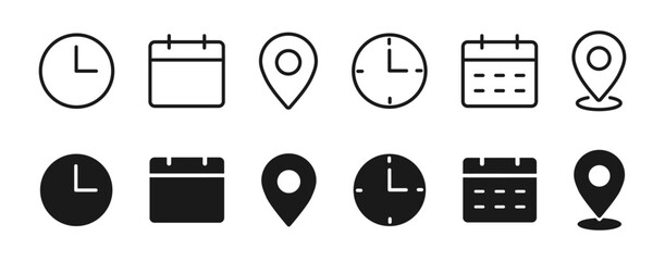 Time, date, address icon set in outline and fill style. Clock, calendar, location symbols. Sign business vector design editable stock illustration.