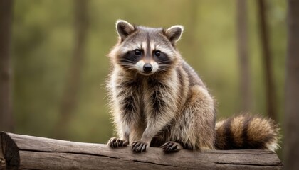 Curious raccoon sitting on a log in a lush forest