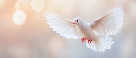 Fototapeta premium A white bird flies through the air, its wings spread wide
