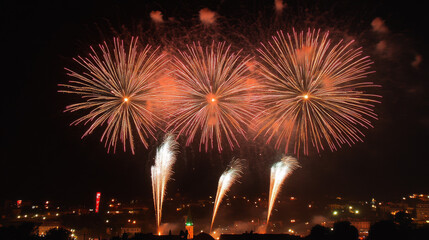 Fototapeta premium Fireworks exploding over a city skyline