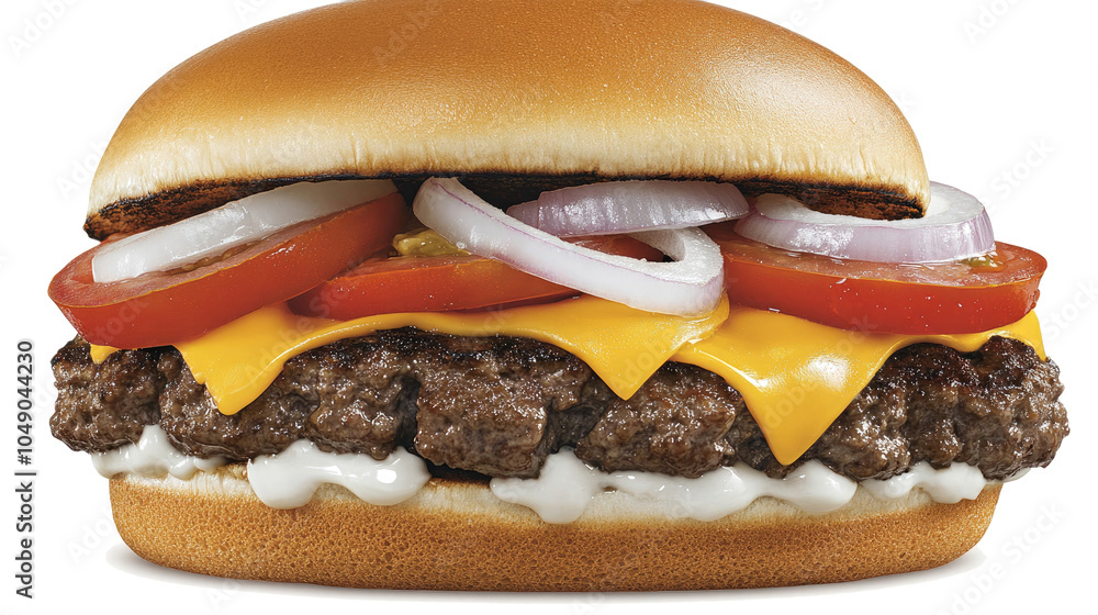 Poster cheeseburger with onions and tomatoes on transparent background generative ai