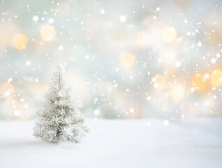Snow-Covered Christmas Tree background with Warm Winter Lights