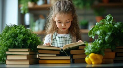 A child in an apron reads a vegan cookbook surrounded by stacked books and fresh herbs on a kitchen counter with natural light