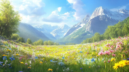 Fototapeta premium Wildflowers blooming in a sunny meadow with mountains
