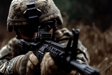Fototapeta premium A soldier in camouflage gear aiming a rifle, representing military focus, precision, and readiness in a tactical environment