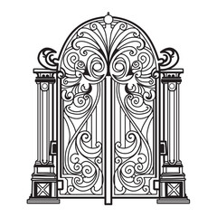 ANTIQUE METAL GATE. Black on white sketch of wrought iron bi-fold garden doors. Church gate with scrolls and leaves.