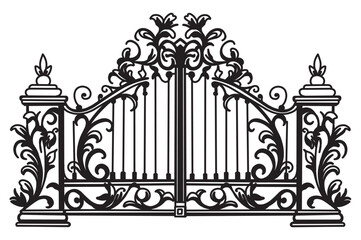 ANTIQUE METAL GATE. Black on white sketch of wrought iron bi-fold garden doors. Church gate with scrolls and leaves.