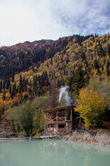 Old house - spa among beautiful autumn views of mountain Svaneti, Georgia.