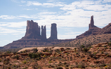 red, brown, and yellow rock formations of hematite, iron oxide in Monument Valley, Arizona USA