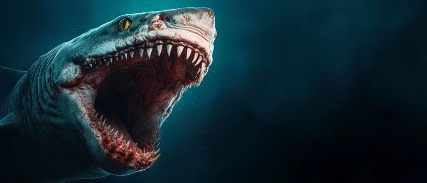  A close-up of a shark with its mouth open widely