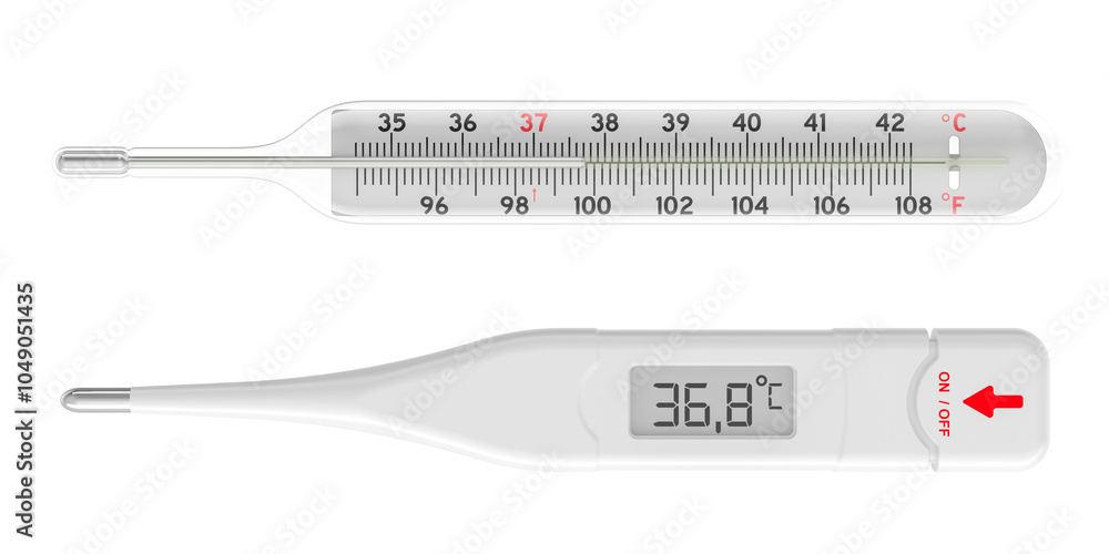 Poster mercury and digital thermometers. 3d rendering isolated on transparent background