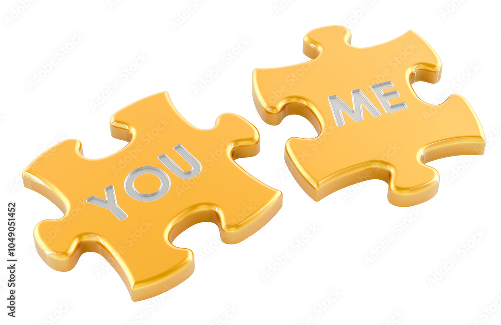 Poster golden puzzles you and me, 3d rendering isolated on transparent background