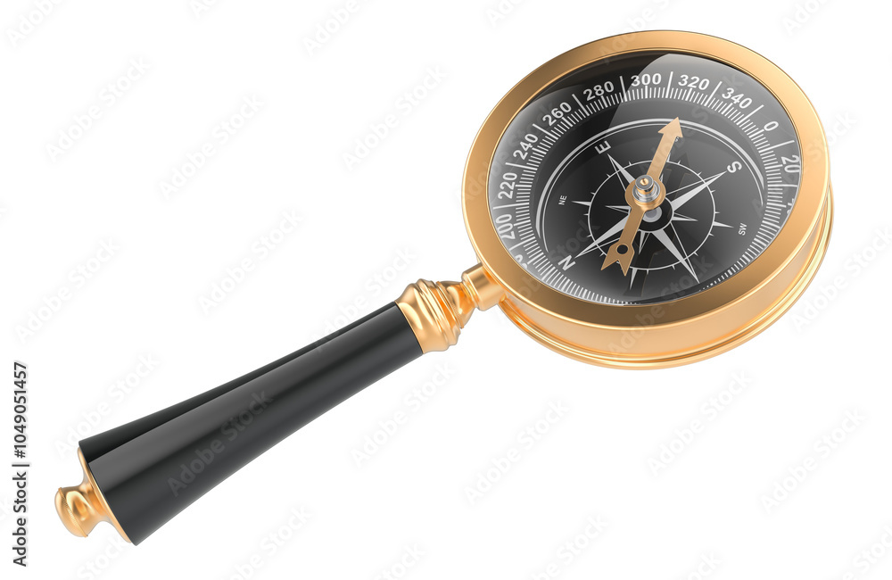 Poster loupe with magnetic compass. 3d rendering isolated on transparent background